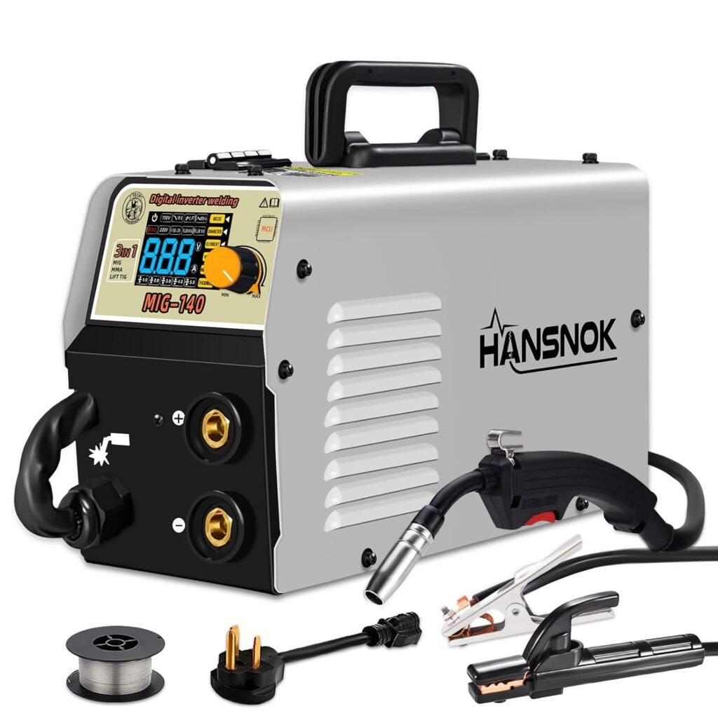 HANSNOK 140A MIG Welder, 110V/220V Flux Core MIG Welder/Lift TIG/Stick 3 in 1 Welding Machine with Synergy, IGBT Inverter Portable Gasless Welder Equipment with Welding Gun (MIG-140)