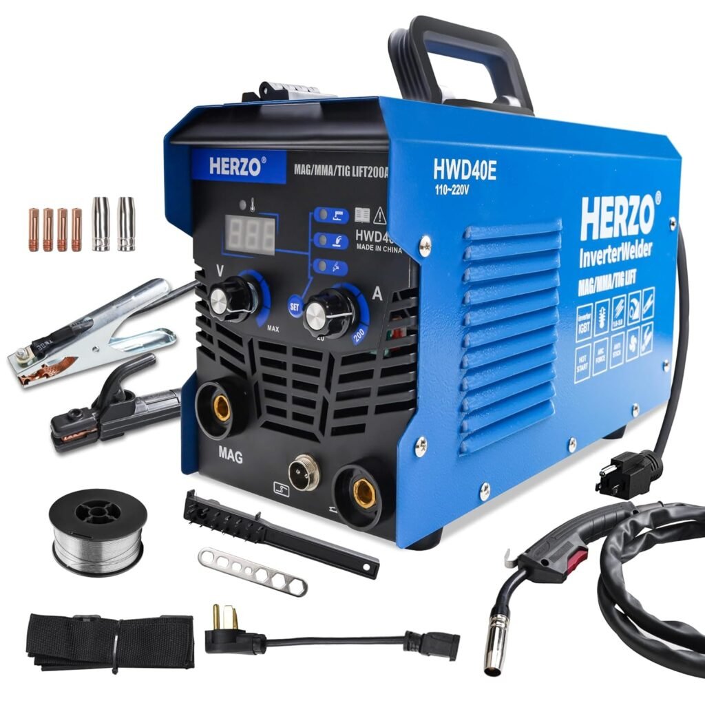 HERZO 140A MAG Welder.Flux Core Welder MAG/MMA/LIFT TIG 3 in 1 Welding Machine IGBT Inverter Welding Machine
