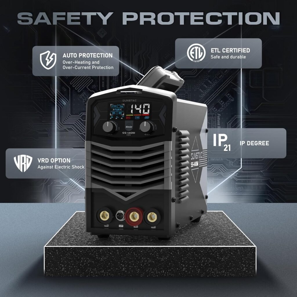 Sunstac 140A Flux Core MIG Welder 110V Gasless Flux Core MIG/Stick Welder/Lift TIG 3 in 1 Welding Machine with LCD Display