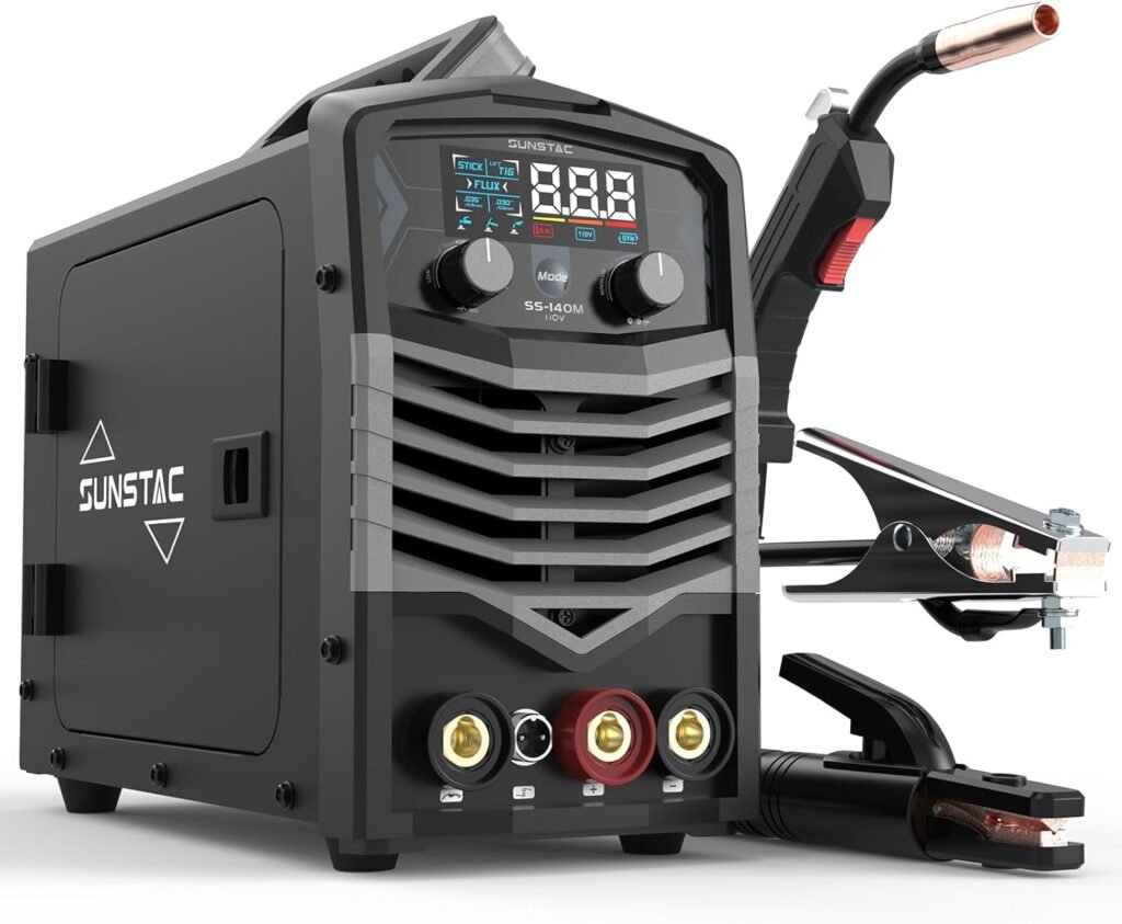 Sunstac 140A Flux Core MIG Welder 110V Gasless Flux Core MIG/Stick Welder/Lift TIG 3 in 1 Welding Machine with LCD Display