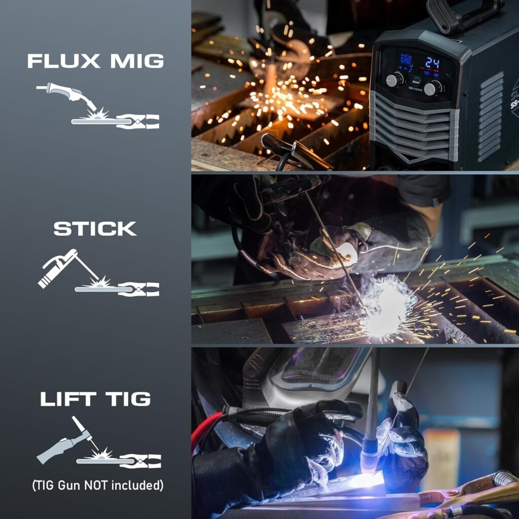 Sunstac 140A Flux Core MIG Welder 110V Gasless Flux Core MIG/Stick Welder/Lift TIG 3 in 1 Welding Machine with LCD Display
