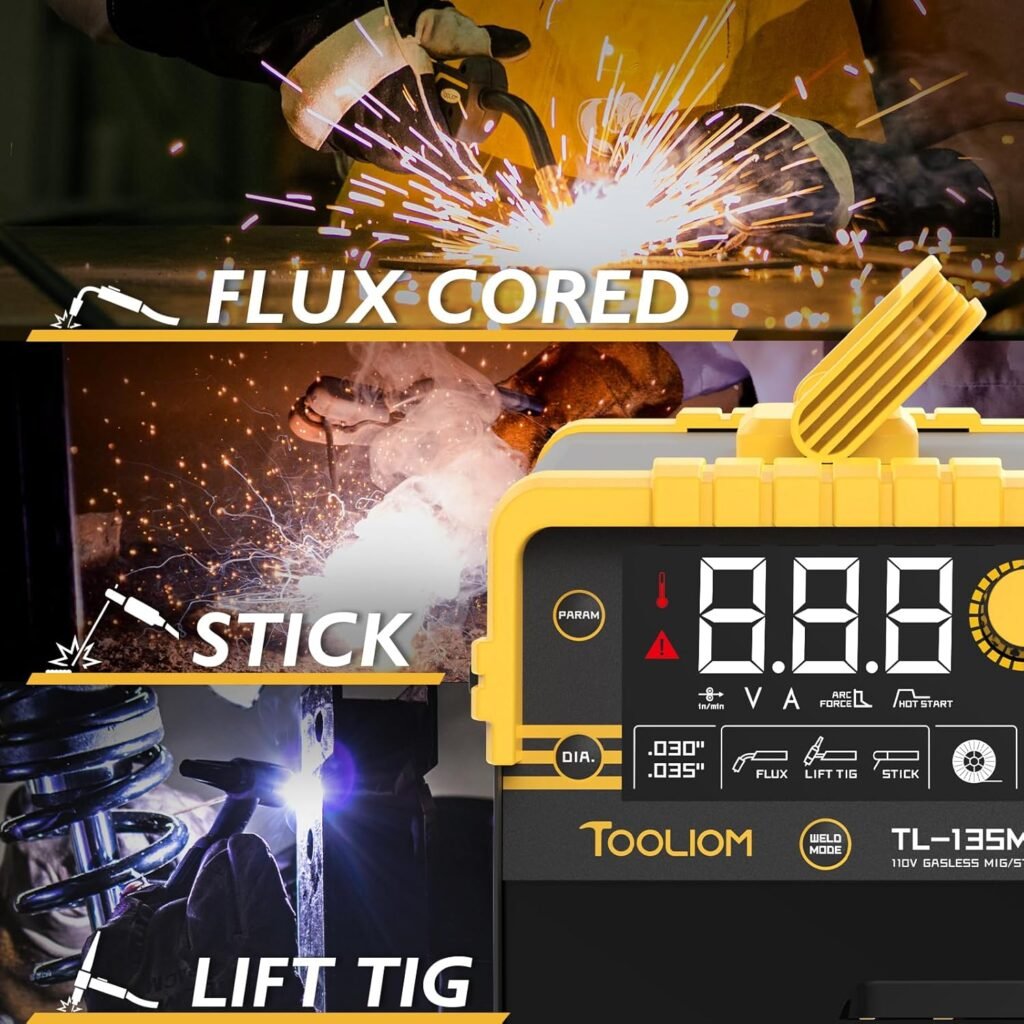 TOOLIOM 135A Gasless Flux Core MIG Welder 110V MIG Welder Flow MIG/Lift TIG/Stick Welding Machine 3 in 1 IGBT DC Inverter with LCD Display