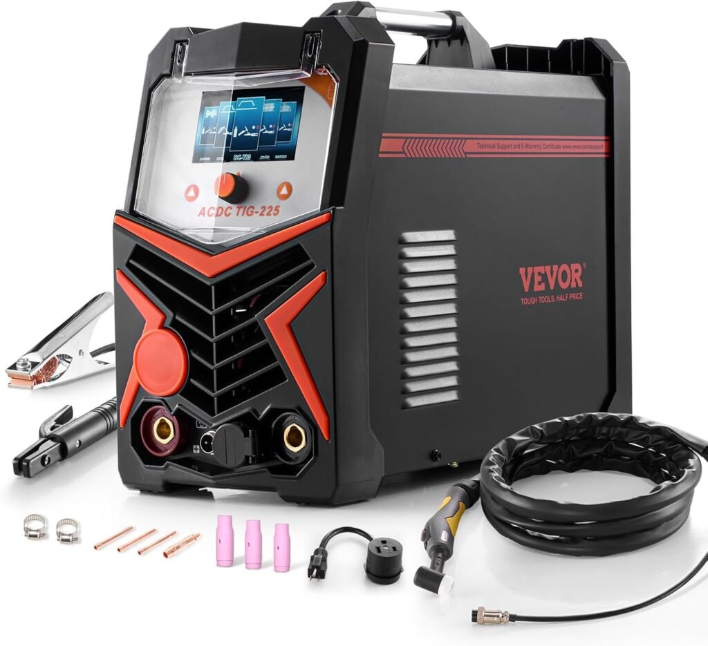 VEVOR TIG Welder, 225A 6-In-1 Aluminum Welding Machine (Large LED Display)- AC TIG/DC TIG/AC Pulse TIG/DC Pulse TIG/Spot TIG/MMA(Stick), 110220V Dual Voltage Electric Welder with IGBT Inverter