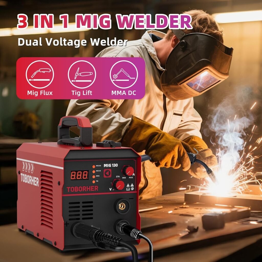130A MIG Welder, 110V/220V Dual Voltage Flux Core MMA DC/MIG Flux/Lift TIG 3 in 1 Synergic Welding Machine, IGBT Inverter Portable Welder Equipment with Welding Gun and 1lb Welding Wire