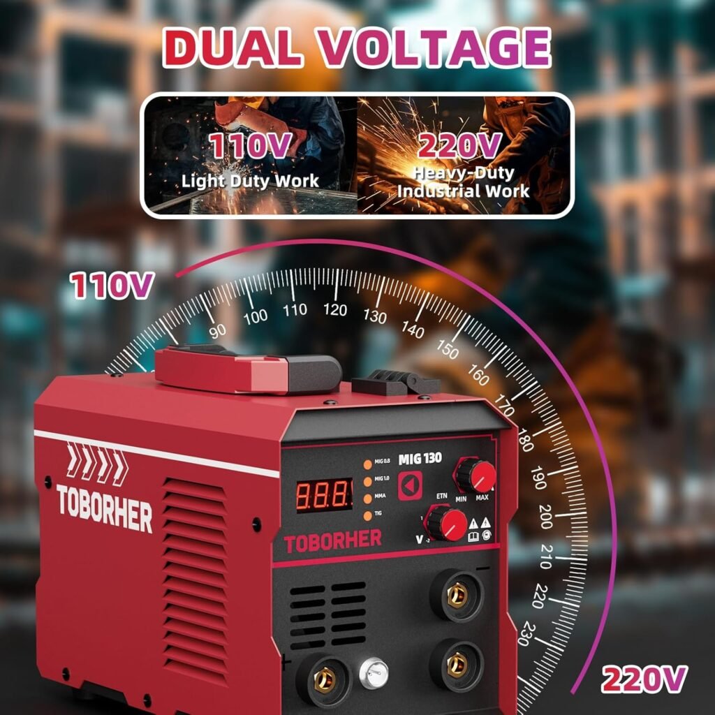 130A MIG Welder, 110V/220V Dual Voltage Flux Core MMA DC/MIG Flux/Lift TIG 3 in 1 Synergic Welding Machine, IGBT Inverter Portable Welder Equipment with Welding Gun and 1lb Welding Wire