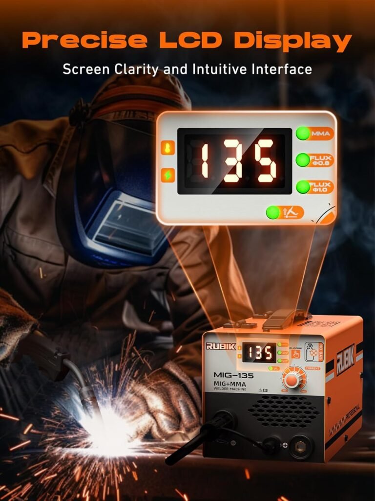 135A MIG Welder, 3 in 1 Gasless Welder Flux MIG/Lift TIG/Stick MultiProcess Mig Welder, 110V Welding Machine, Flux Core Welder with IGBT Inverter Synergic Control and LCD Display