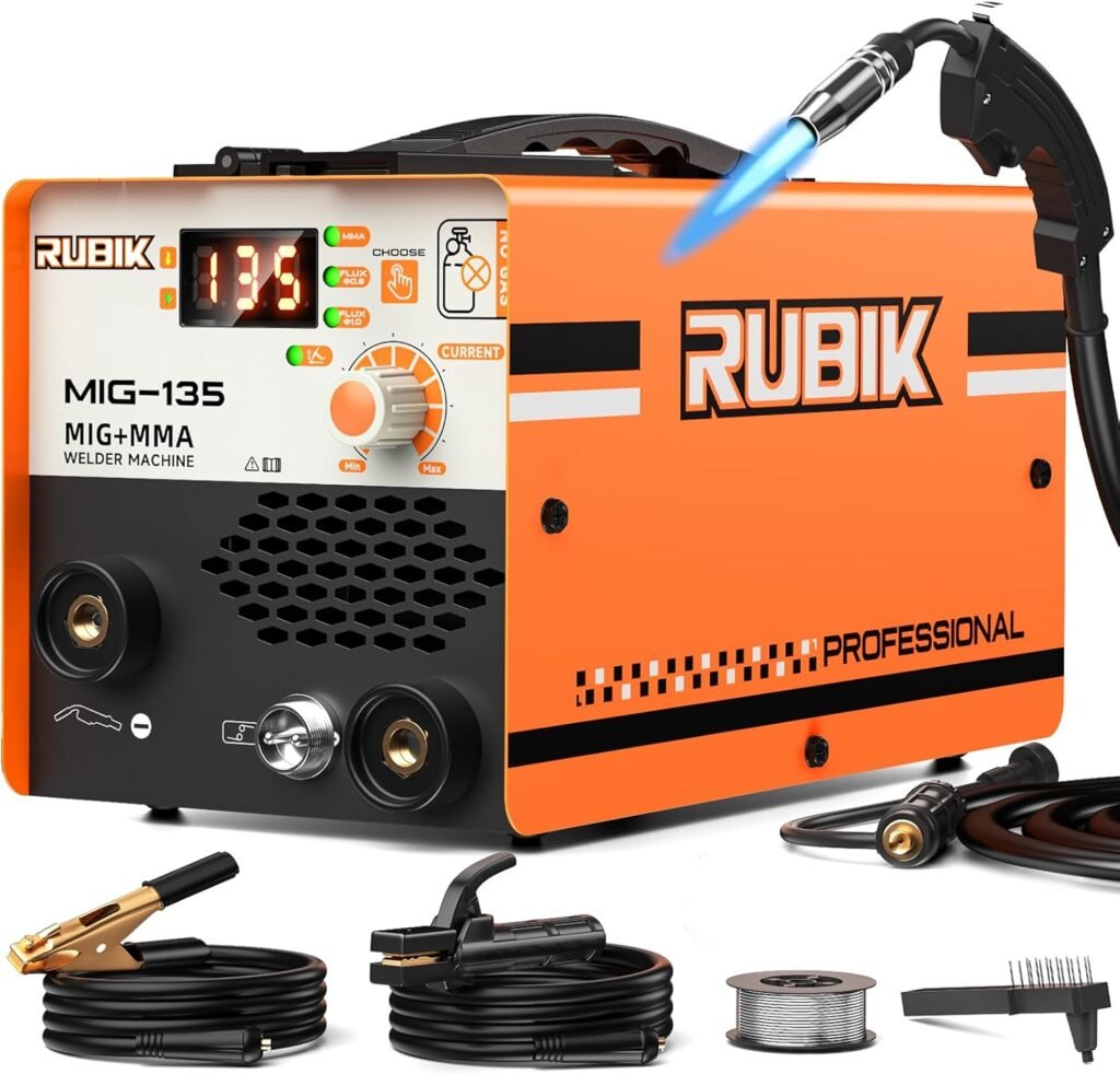 135A MIG Welder, 3 in 1 Gasless Welder Flux MIG/Lift TIG/Stick MultiProcess Mig Welder, 110V Welding Machine, Flux Core Welder with IGBT Inverter Synergic Control and LCD Display