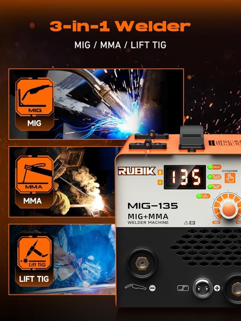 135A MIG Welder, 3 in 1 Gasless Welder Flux MIG/Lift TIG/Stick MultiProcess Mig Welder, 110V Welding Machine, Flux Core Welder with IGBT Inverter Synergic Control and LCD Display
