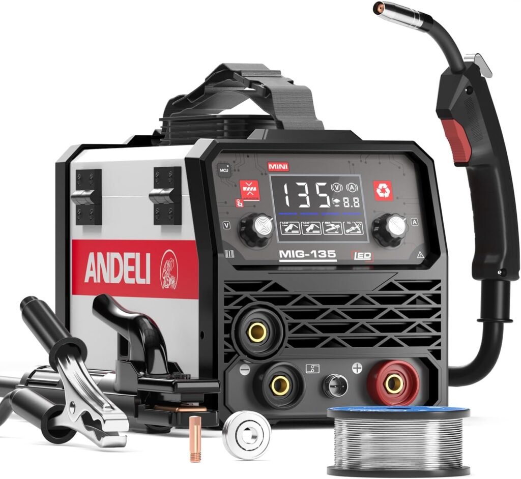ANDELI 135Amp MIG Welder 110V Portable Gasless Welder Flux MIG/Lift Tig/Stick 3-in-1 Multiprocess Welder LED Digital Display Welding Machine IGBT Inverter Welder