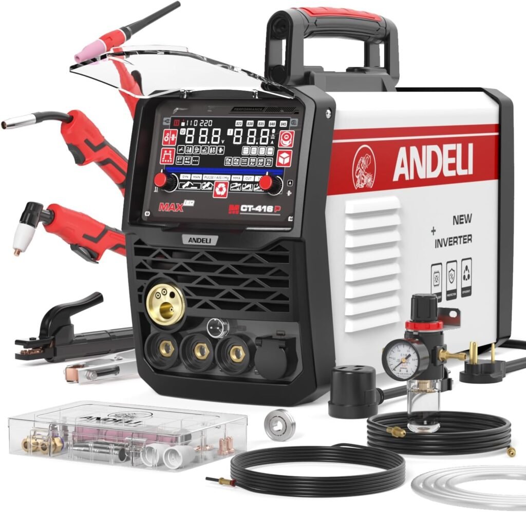 ANDELI Plasma Cutter Welder Combo 160Amp Pulse MIG/HF TIG/HF Cut/Stick/Flux Core 6-in 1 Multi-Process Welder 110V/220V Dual Voltage Aluminium MIG Welding Machine Multi-Functional Welder MCT-416P
