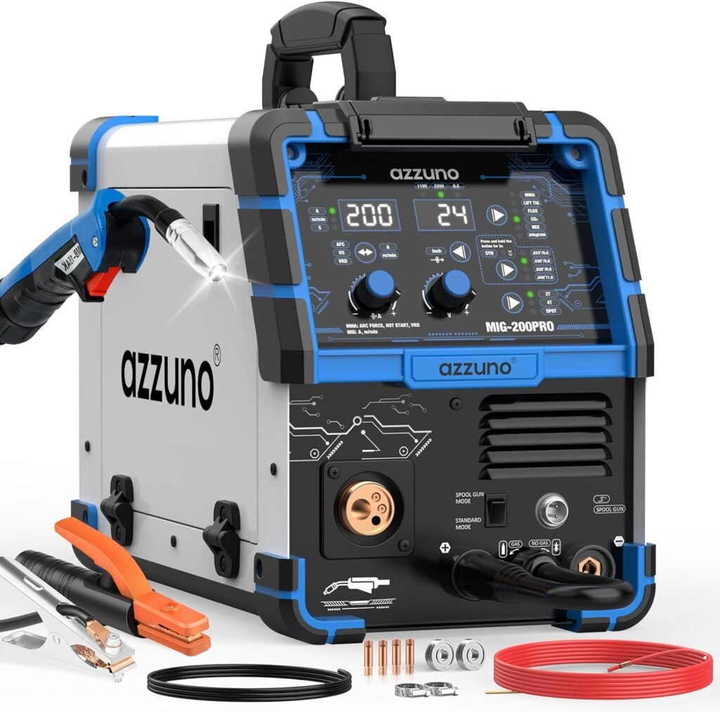 AZZUNO MIG Welding Machine 200A 110V/220V 8 in 1 Welding Machine Aluminum MIG/Coil Gun Compatible/Gas MIG/MAG/Flux Core MIG/Spot MIG/Lift TIG/Stick Welding Multi Process Welding Machine