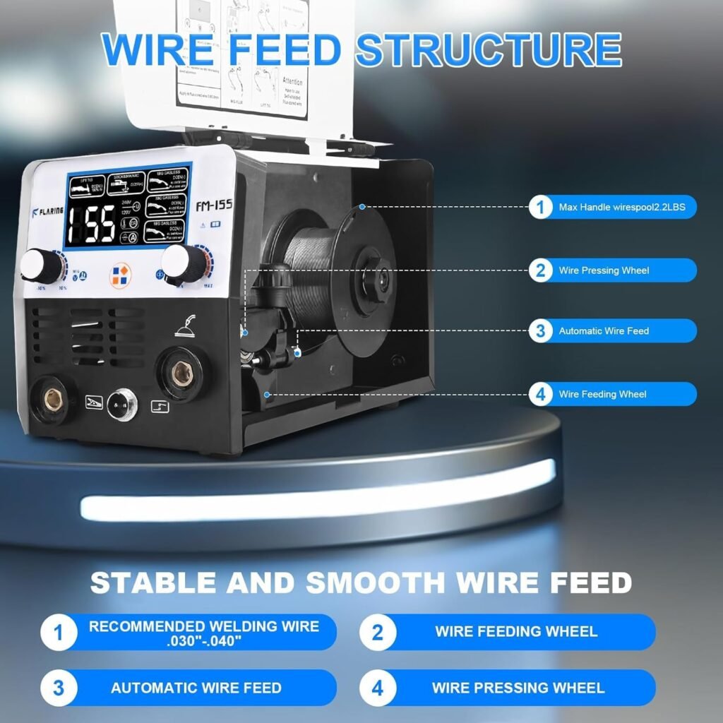 FLARING 155Amp MIG Welder,120V/240V MIG Gasless Flux Core Welder Flux MIG/Lift TIG/Stick 3 in 1 Large LED Digital Display Mig Welding Machine IGBT Inverter Welder with Synergy Portable