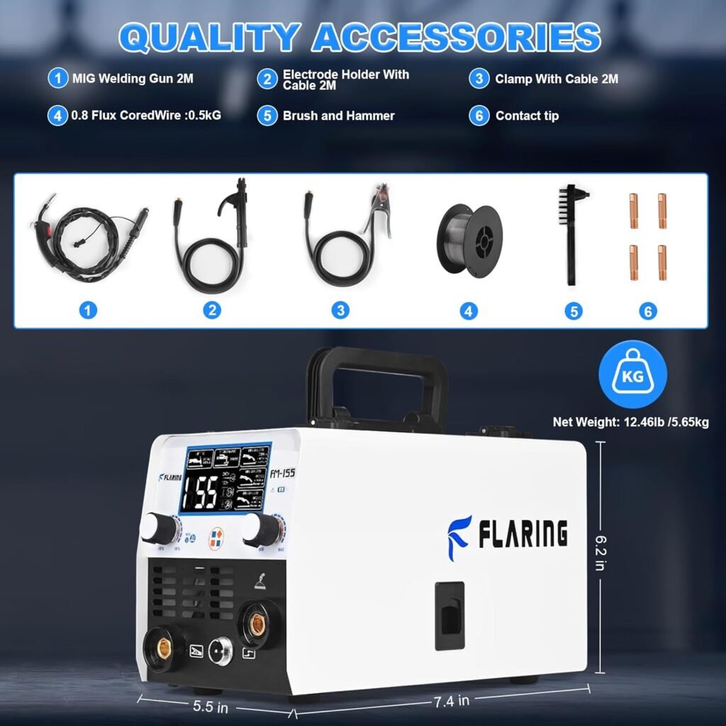 FLARING 155Amp MIG Welder,120V/240V MIG Gasless Flux Core Welder Flux MIG/Lift TIG/Stick 3 in 1 Large LED Digital Display Mig Welding Machine IGBT Inverter Welder with Synergy Portable