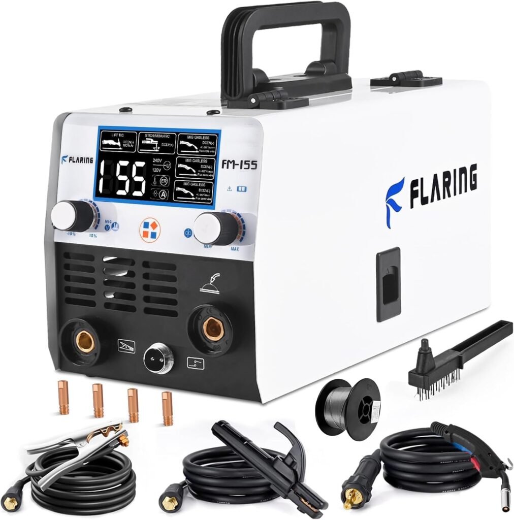 FLARING 155Amp MIG Welder,120V/240V MIG Gasless Flux Core Welder Flux MIG/Lift TIG/Stick 3 in 1 Large LED Digital Display Mig Welding Machine IGBT Inverter Welder with Synergy Portable