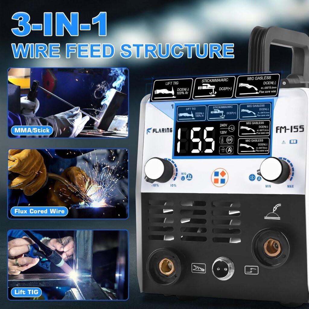 FLARING 155Amp MIG Welder,120V/240V MIG Gasless Flux Core Welder Flux MIG/Lift TIG/Stick 3 in 1 Large LED Digital Display Mig Welding Machine IGBT Inverter Welder with Synergy Portable