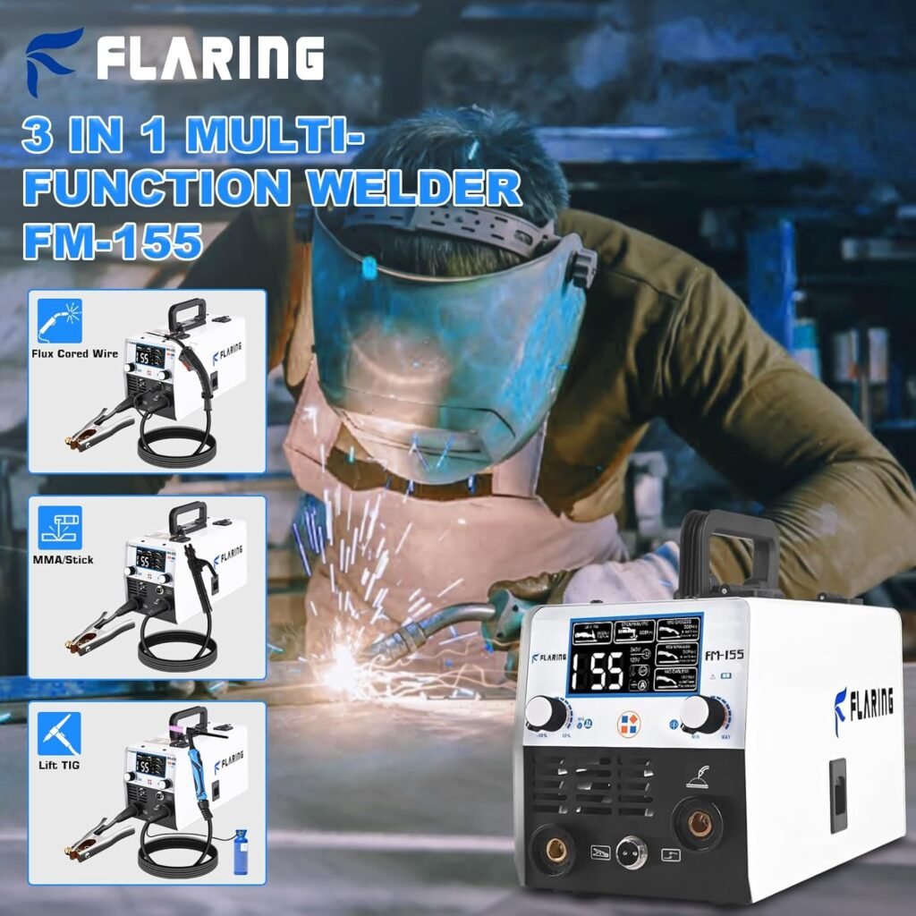 FLARING 155Amp MIG Welder,120V/240V MIG Gasless Flux Core Welder Flux MIG/Lift TIG/Stick 3 in 1 Large LED Digital Display Mig Welding Machine IGBT Inverter Welder with Synergy Portable