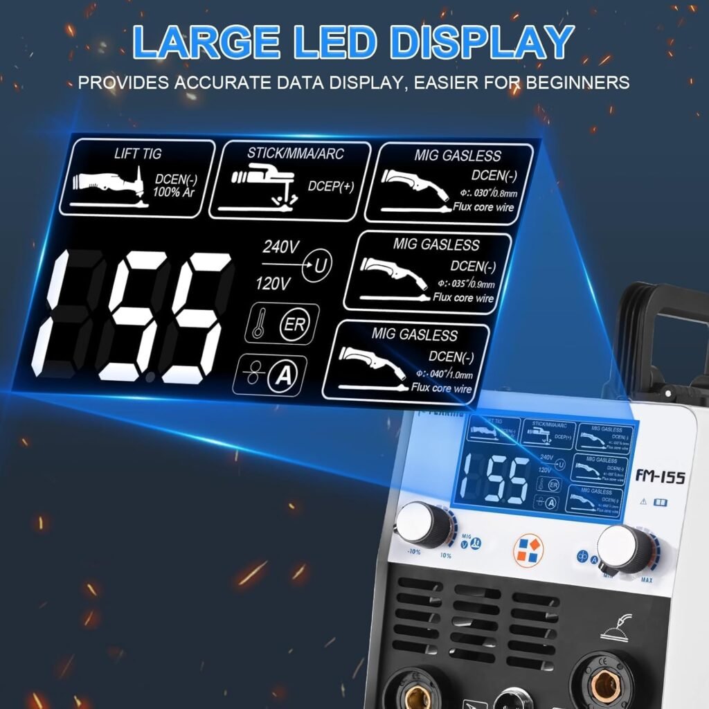 FLARING 155Amp MIG Welder,120V/240V MIG Gasless Flux Core Welder Flux MIG/Lift TIG/Stick 3 in 1 Large LED Digital Display Mig Welding Machine IGBT Inverter Welder with Synergy Portable
