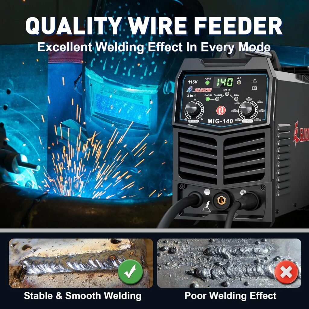 GZ GUOZHI 140A MIG Welder, 3 in 1 Welder Flux MIG/ARC/Lift TIG Multi-Process Mig Welder, 110V Welding Machine, Welder Machine 110v Flux Core Welder with Welding Gun
