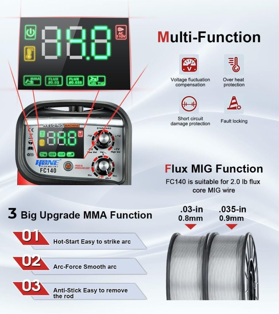 HONE Flux Core Welder 110V, Actual 140Amp MIG Welder 3 in 1 Synergic Gasless Wire Welder/Stick Welder/Lift TIG Welding Machine, IGBT Inverter with Large LED Display and 2lb Welding Wire.QQ