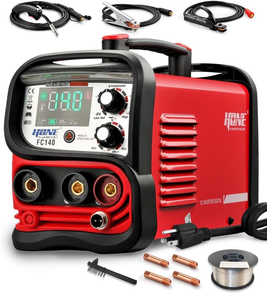HONE Flux Core Welder 110V, Actual 140Amp MIG Welder 3 in 1 Synergic Gasless Wire Welder/Stick Welder/Lift TIG Welding Machine, IGBT Inverter with Large LED Display and 2lb Welding Wire.QQ