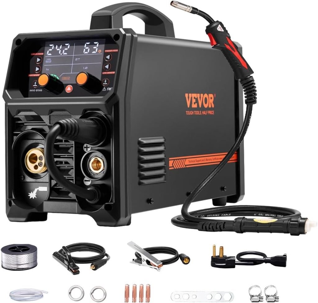 VEVOR 250A MIG Welding Machine Portable Gas Free MIG Welding Machine MMA Lift AU TIG 5 in 1 with IGBT Inverter Technology LCD Display TIG Lift Torch Not Included