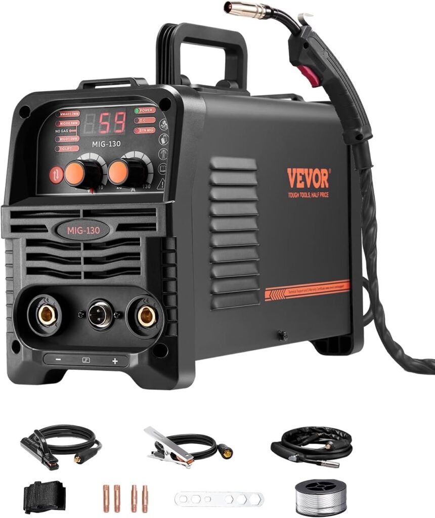 VEVOR MIG Soldering Machine, 130A Synergic Welding Machine Portable Multi-Process MIG Gas Free MMA Lift TIG Welder 3 in 1 Welder with IGBT Inverter Technology, Digital Display Screen