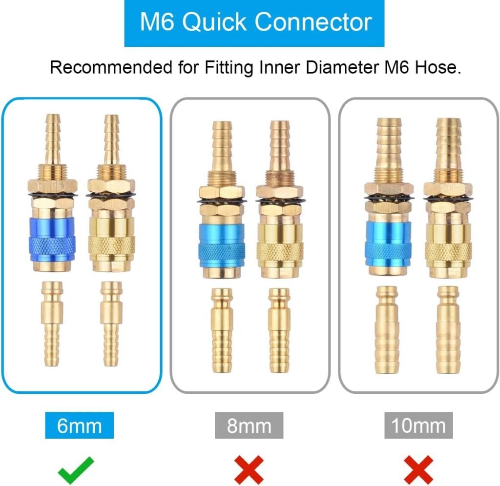 EATBALE M6 Quick Connector Set Quick Water Cooled Gas Adapter Welding Torch Quick Connector No-Leaks Pressure Fitting Hose for MIG TIG Welder Torch Fitting for Welding Torch (Gold  Blue 2 Pcs)