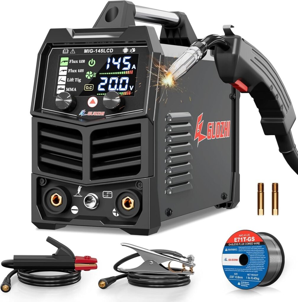 GZ GUOZHI 145A MIG Soldering Iron, 3 in 1 MIG FLUX Welder/Lift TIG/ARC Multi-Process MIG Welder, 110V Flux Core Welder Machine with Large LCD Display