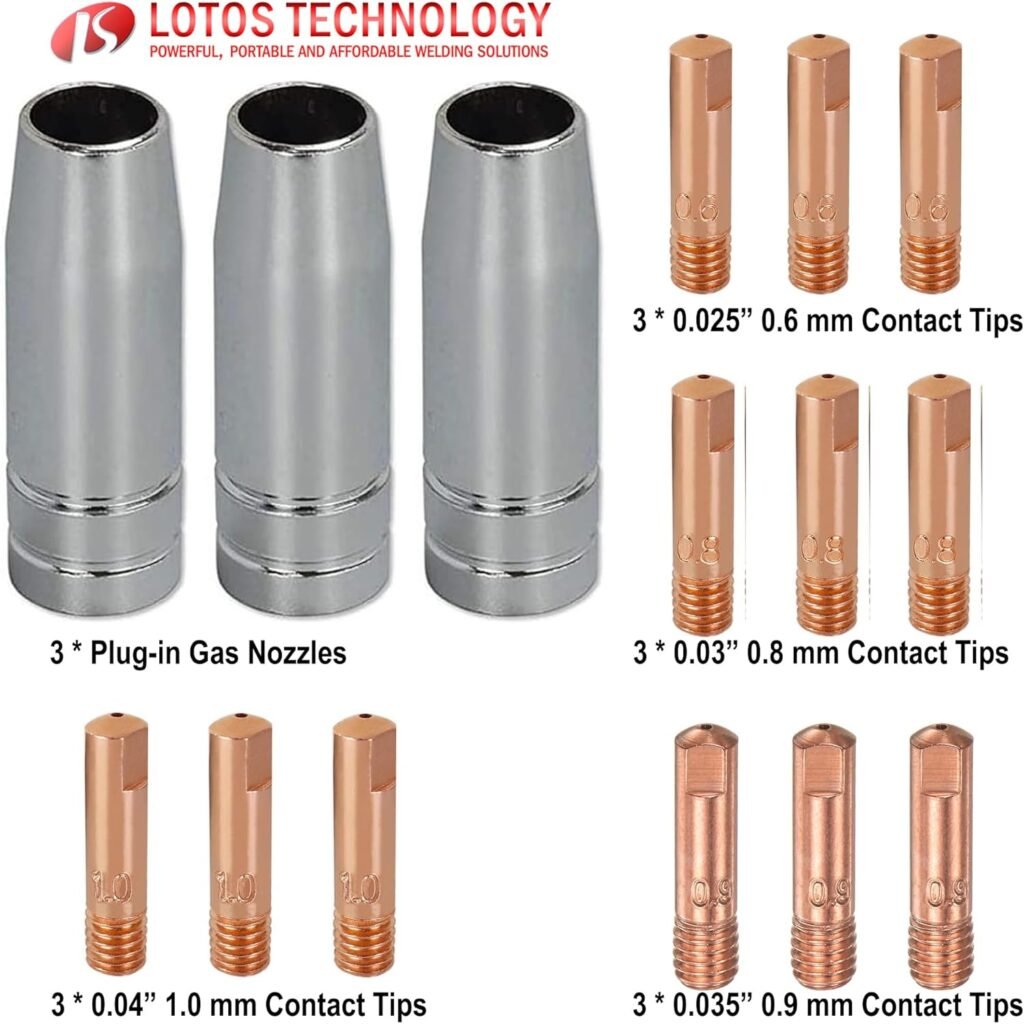 LOTOS MCS15 MIG Consumables Set for LOTOS MIG225  MIG225SP MIG Welders, 15 PCs, Including 3 Plug-in Gas Nozzles, 3 x 0.023 0.6 mm, 3 x 0.03 0.8mm, 3 x 0.035 0.9 mm  3 x 0.04 1.0mm Contact Tips