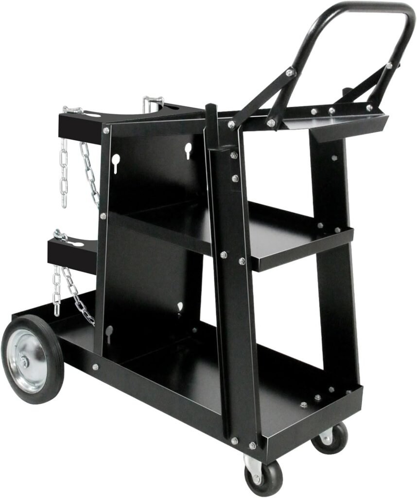 MAYNIYJK Welding Cart Heavy Duty Welder Cart for MIG/TIG Welder and Plasma Cutter, 3-Tier Welding Cart with Wheels Handles and Gas Tank Holder, Black, 27.7 x 11.4 x 29.7