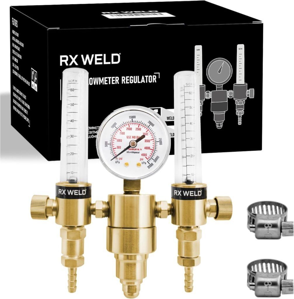 RX WELD Dual Output Argon Regulator, Flow Meter Mig Tig 0-60CFH CGA580 Inlet 5/8 UNF-18RH Outlet