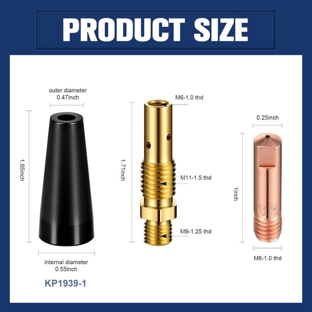 Therwen Flux Core Gasless Nozzle Tips Kit KP1939-1 Flux Core Welder Mig Welder Flux Welder Contact Tips Gasless Nozzle Gas Diffusers for Mig Welder Mig Gun (24 Pcs,0.035(0.9mm) kit)