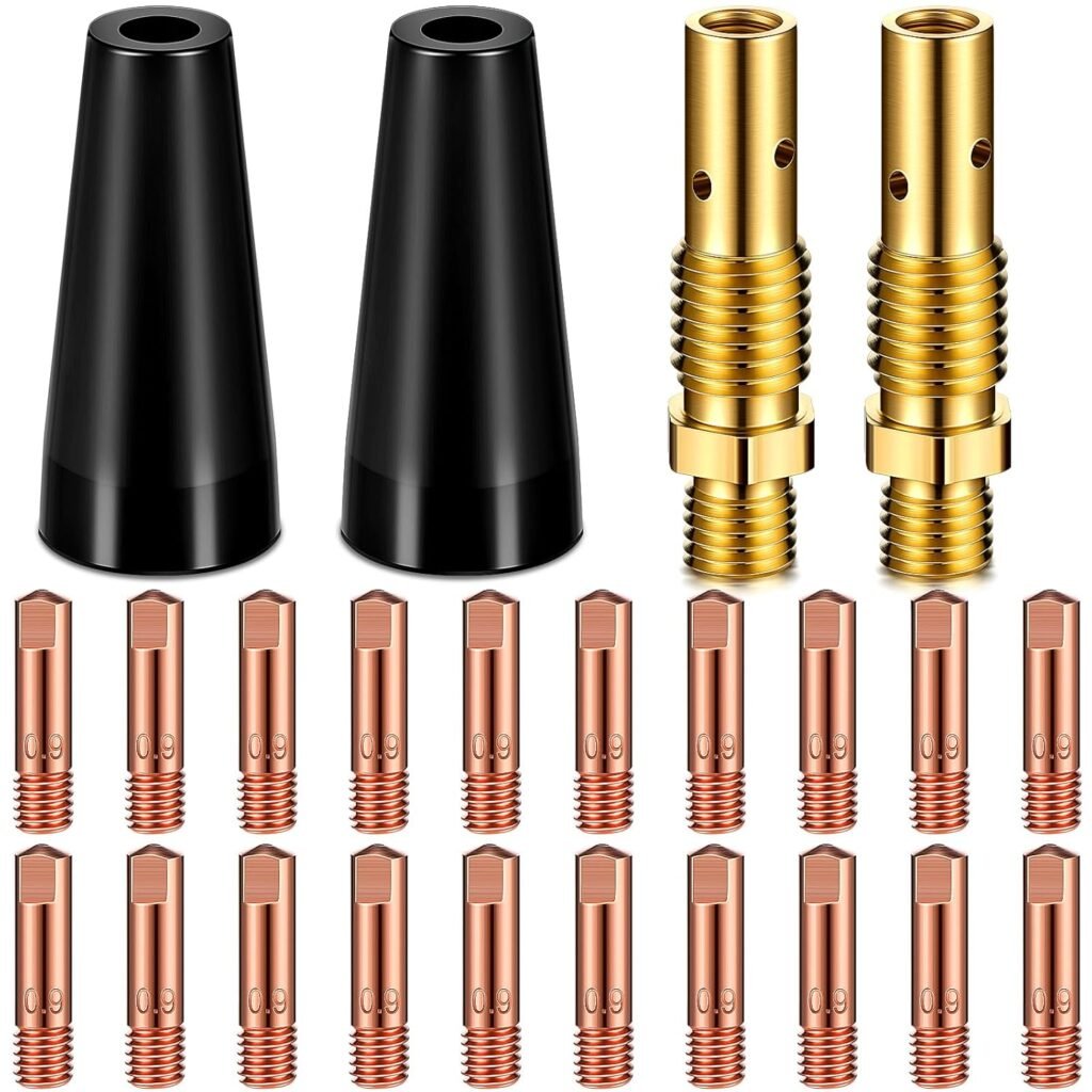 Therwen Flux Core Gasless Nozzle Tips Kit KP1939-1 Flux Core Welder Mig Welder Flux Welder Contact Tips Gasless Nozzle Gas Diffusers for Mig Welder Mig Gun (24 Pcs,0.035(0.9mm) kit)