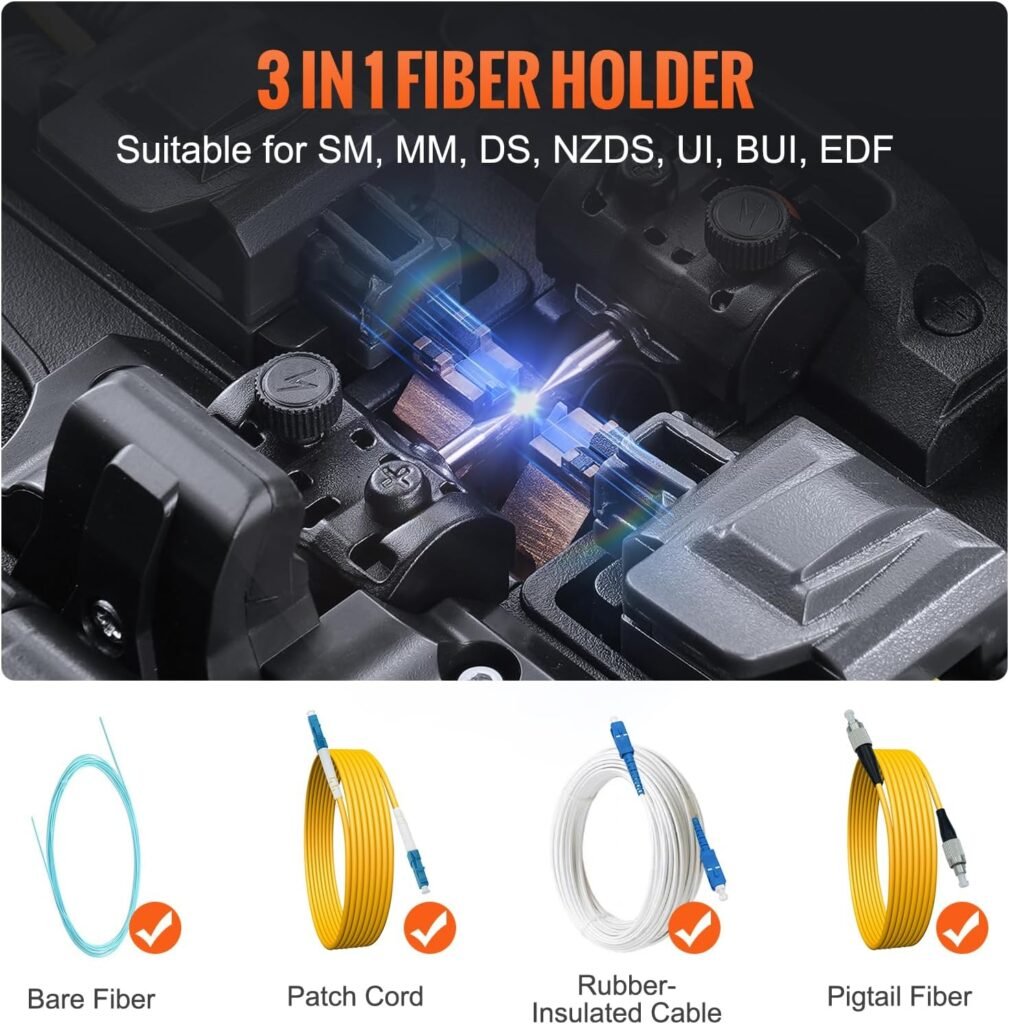 VEVOR Fiber Optic Welding Machine with 6 Motors, Core Alignment, Splicing Machine, 6s Splicing  13s Heating, Fusion Splicer with 5 Inch Touch Screen, 3 in 1 Fiber Holder, 7800mAh Battery for SM MM DS