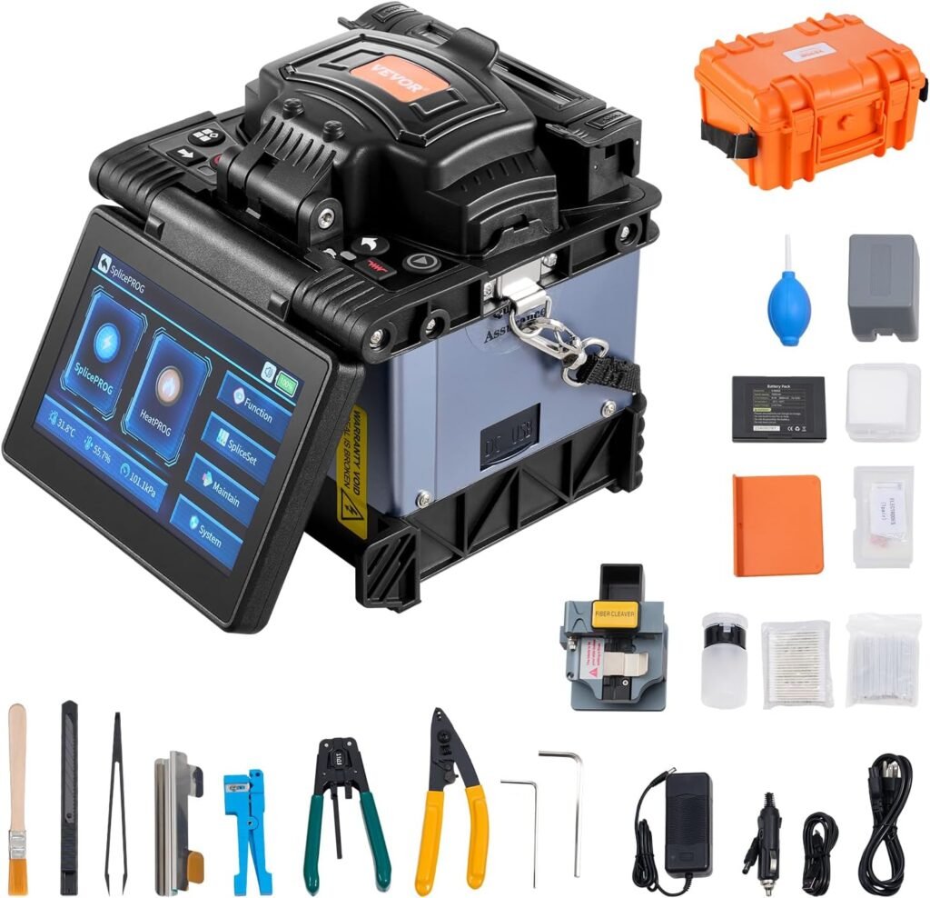 VEVOR Fiber Optic Welding Machine with 6 Motors, Core Alignment, Splicing Machine, 6s Splicing  13s Heating, Fusion Splicer with 5 Inch Touch Screen, 3 in 1 Fiber Holder, 7800mAh Battery for SM MM DS