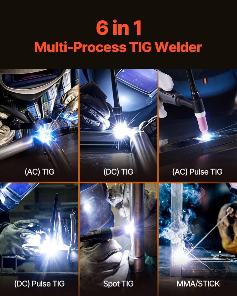 VEVOR TIG Welder, 200A 6-In-1 Aluminum Welding Machine (LED Display) - AC TIG/DC TIG/AC Pulse TIG/DC Pulse TIG/Spot TIG/MMA(Stick), 110220V Dual Voltage Electric Welder with Synergic Control IGBT
