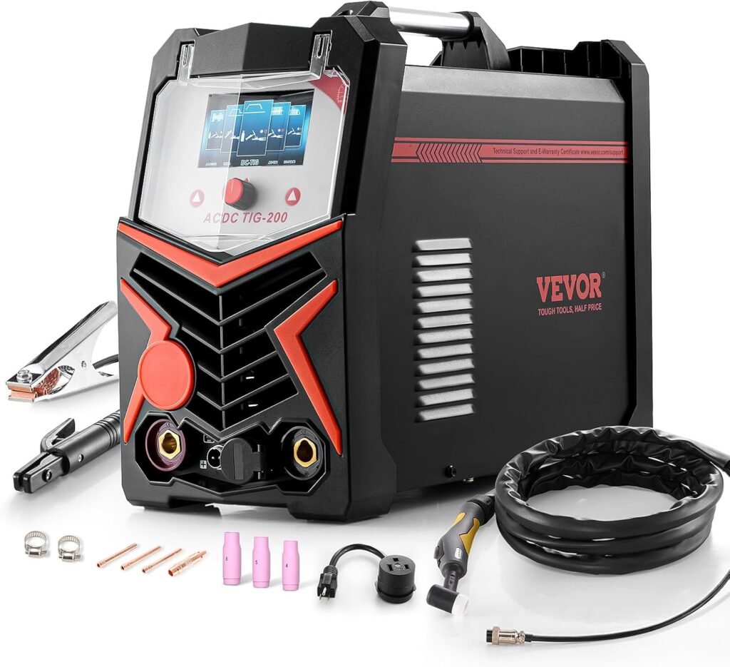 VEVOR TIG Welder, 200A 6-In-1 Aluminum Welding Machine (LED Display) - AC TIG/DC TIG/AC Pulse TIG/DC Pulse TIG/Spot TIG/MMA(Stick), 110220V Dual Voltage Electric Welder with Synergic Control IGBT